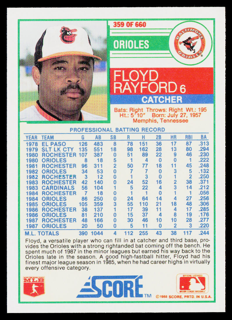 Floyd Rayford 1988 Score #359 Baltimore Orioles