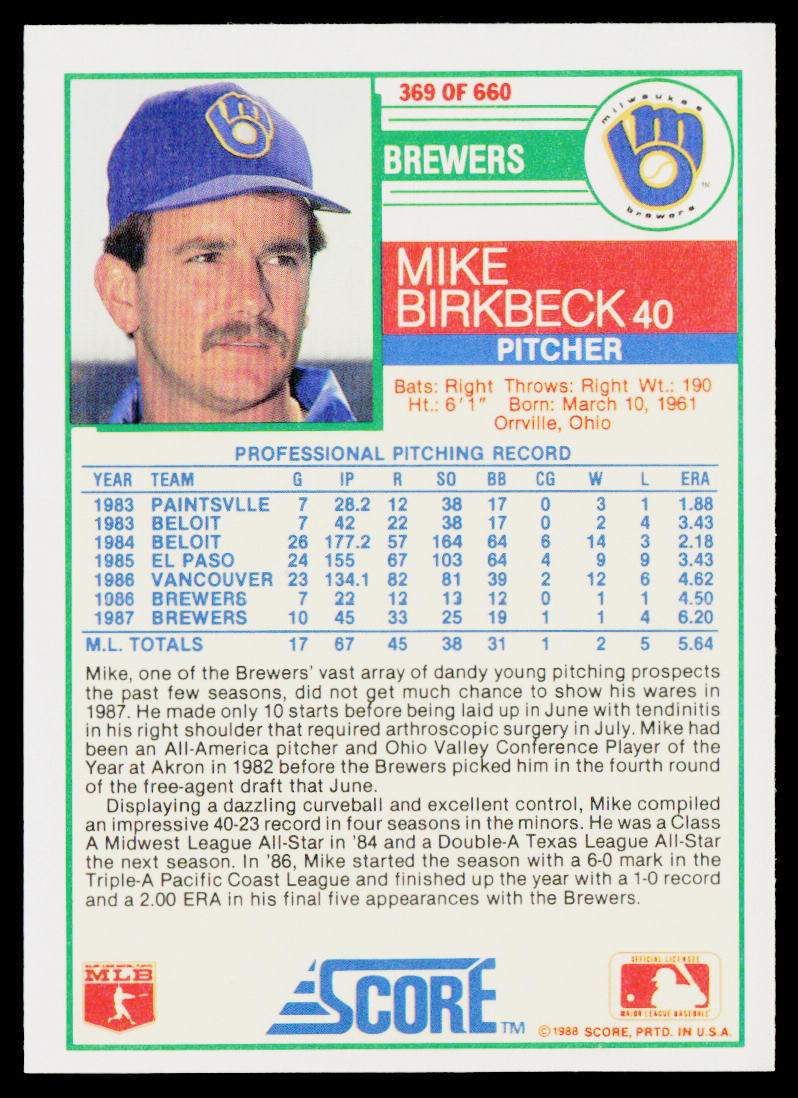 Mike Birkbeck 1988 Score #369 Milwaukee Brewers