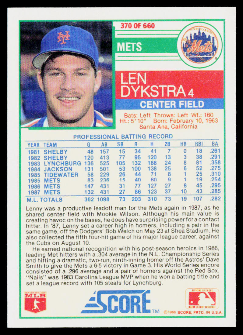 Len Dykstra 1988 Score #370 New York Mets