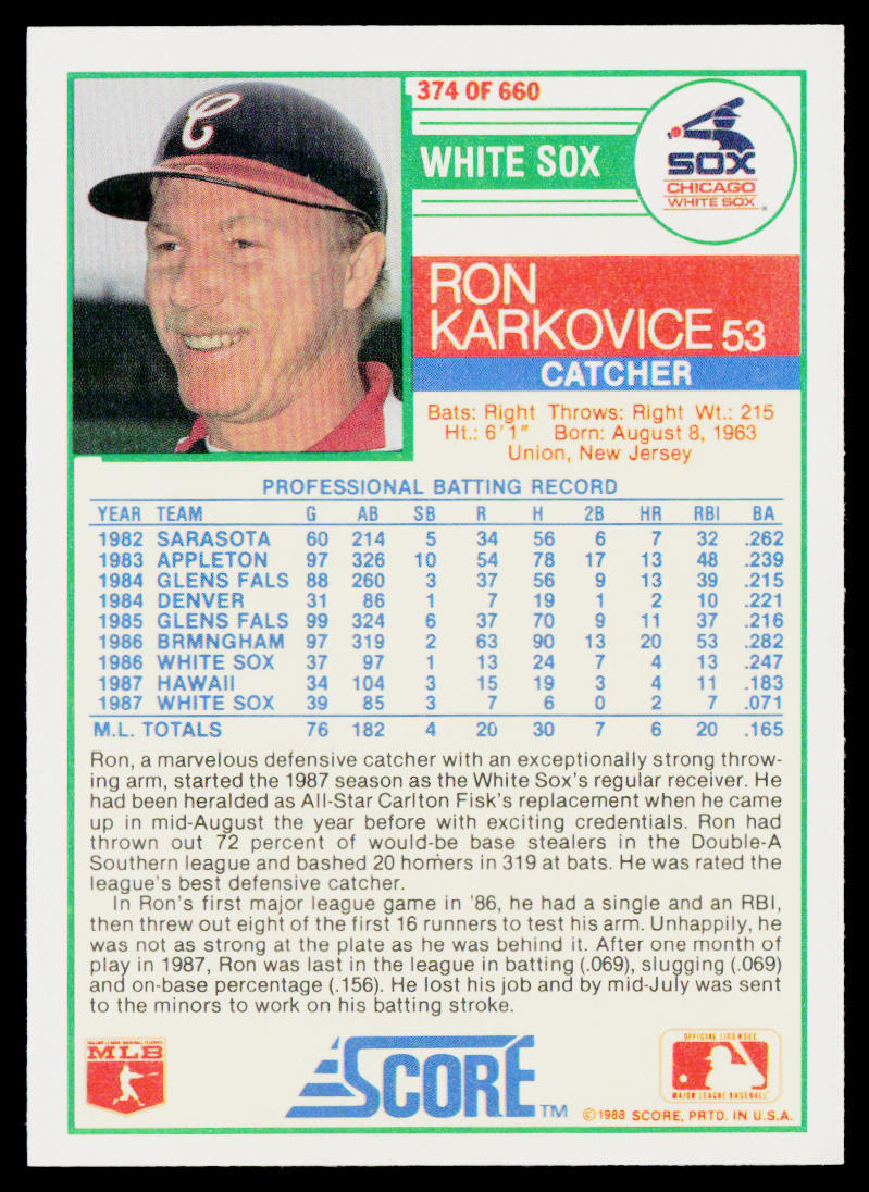 Ron Karkovice 1988 Score #374 Chicago White Sox