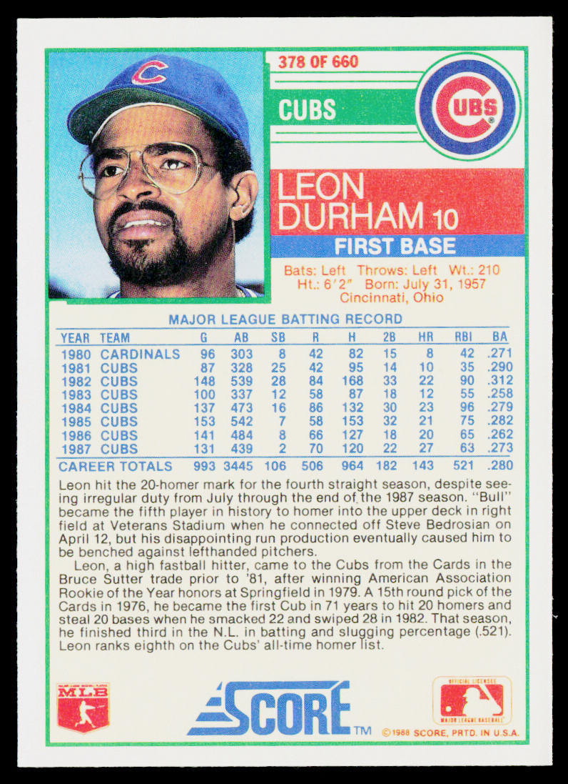 Leon Durham 1988 Score #378 Chicago Cubs