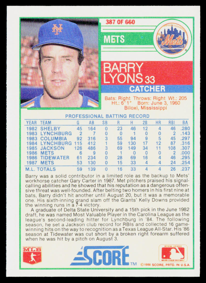 Barry Lyons 1988 Score #387 RC New York Mets