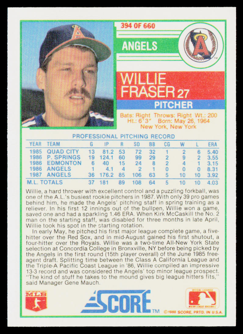 Willie Fraser 1988 Score #394 California Angels