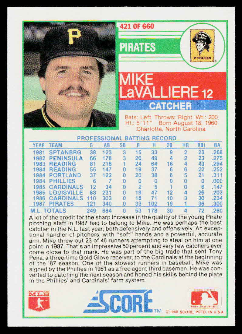 Mike LaValliere 1988 Score #421 Pittsburgh Pirates