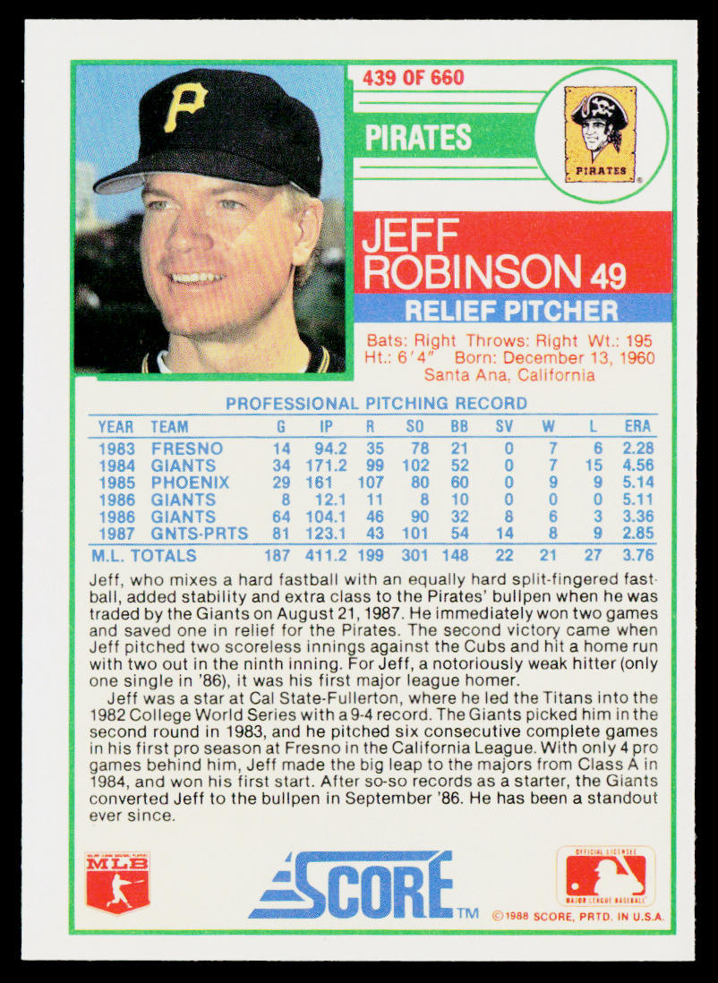 Jeff Robinson 1988 Score #439 Pittsburgh Pirates