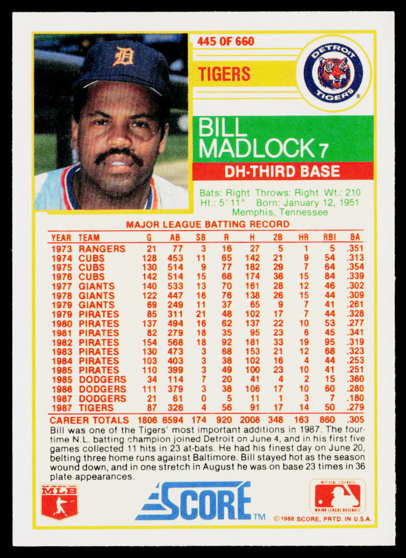 Bill Madlock 1988 Score #445 Detroit Tigers