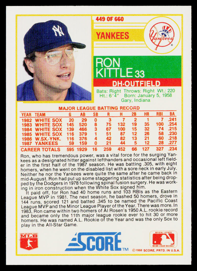 Ron Kittle 1988 Score #449 New York Yankees