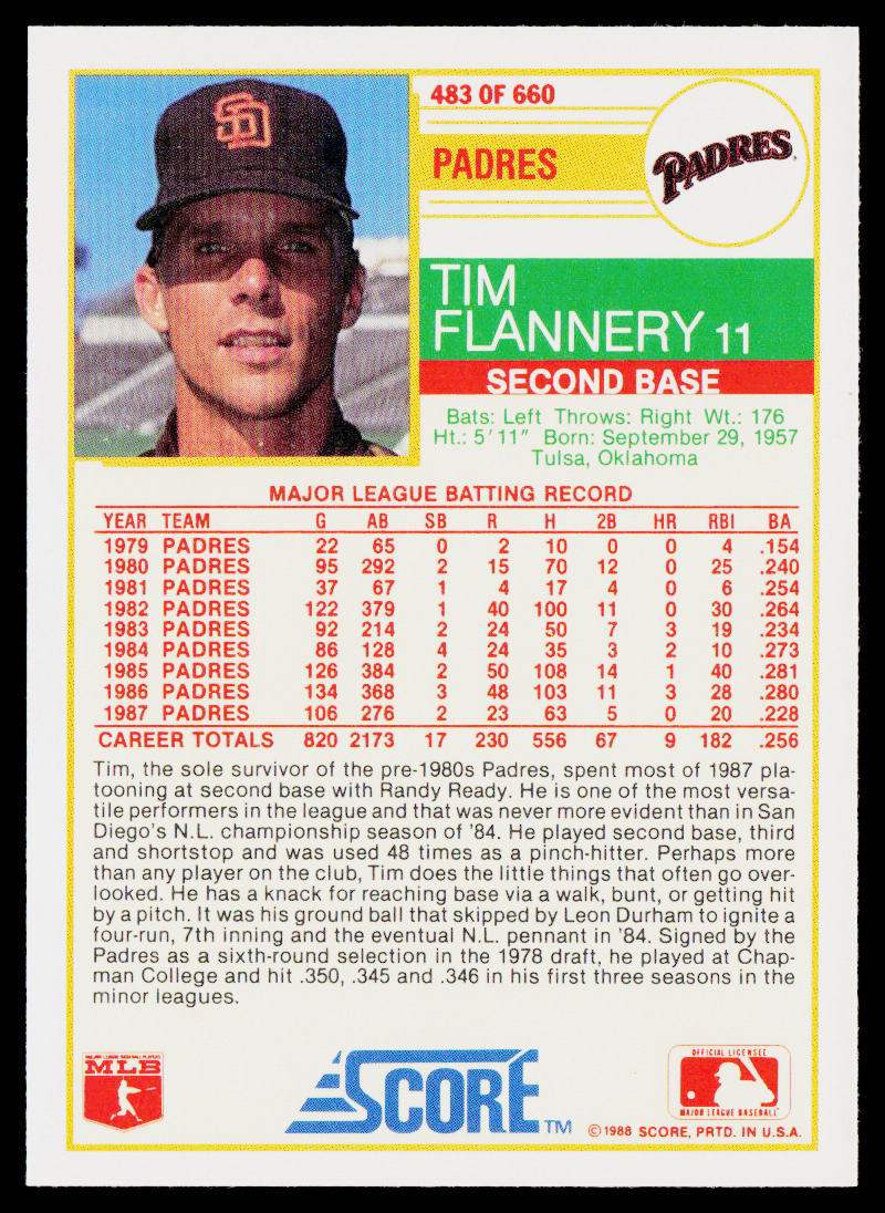 Tim Flannery 1988 Score #483 San Diego Padres