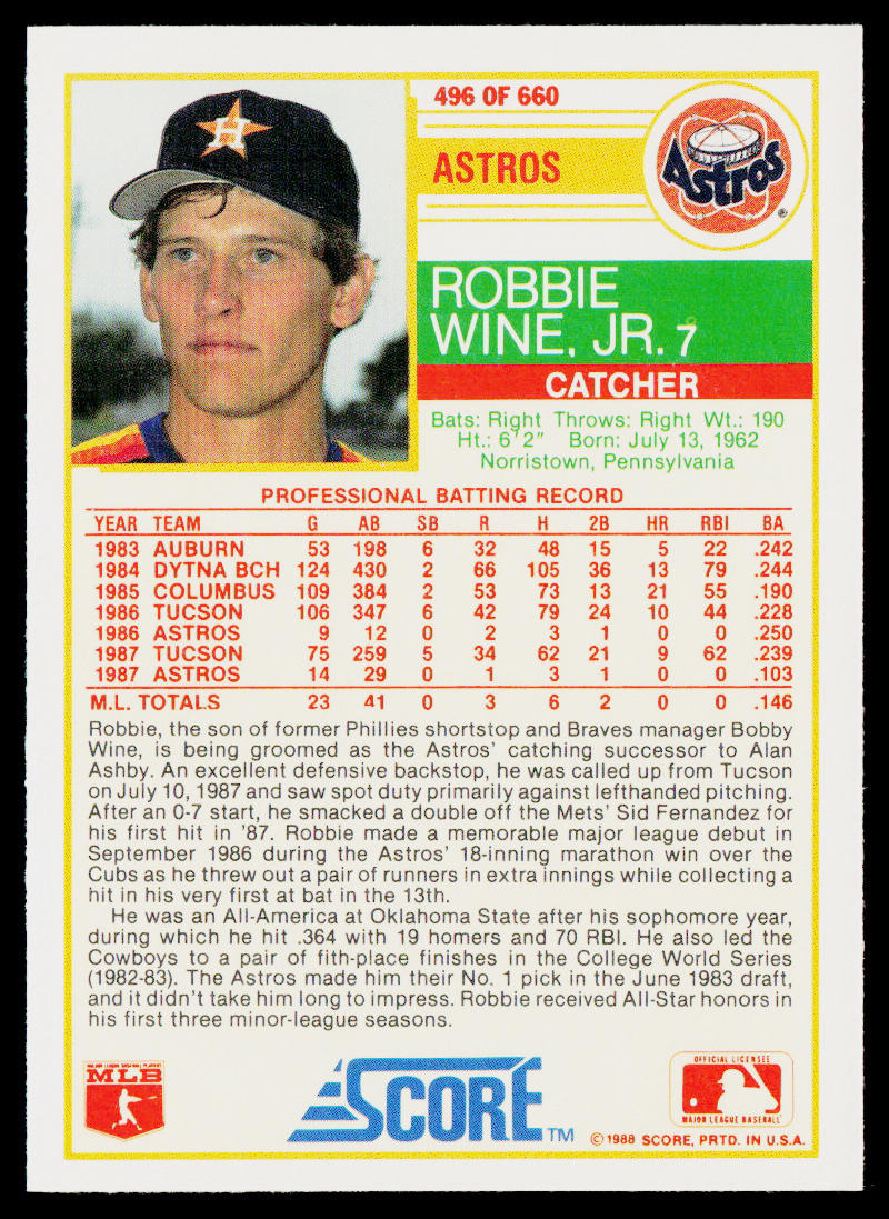 Robbie Wine, Jr. 1988 Score #496 RC Houston Astros