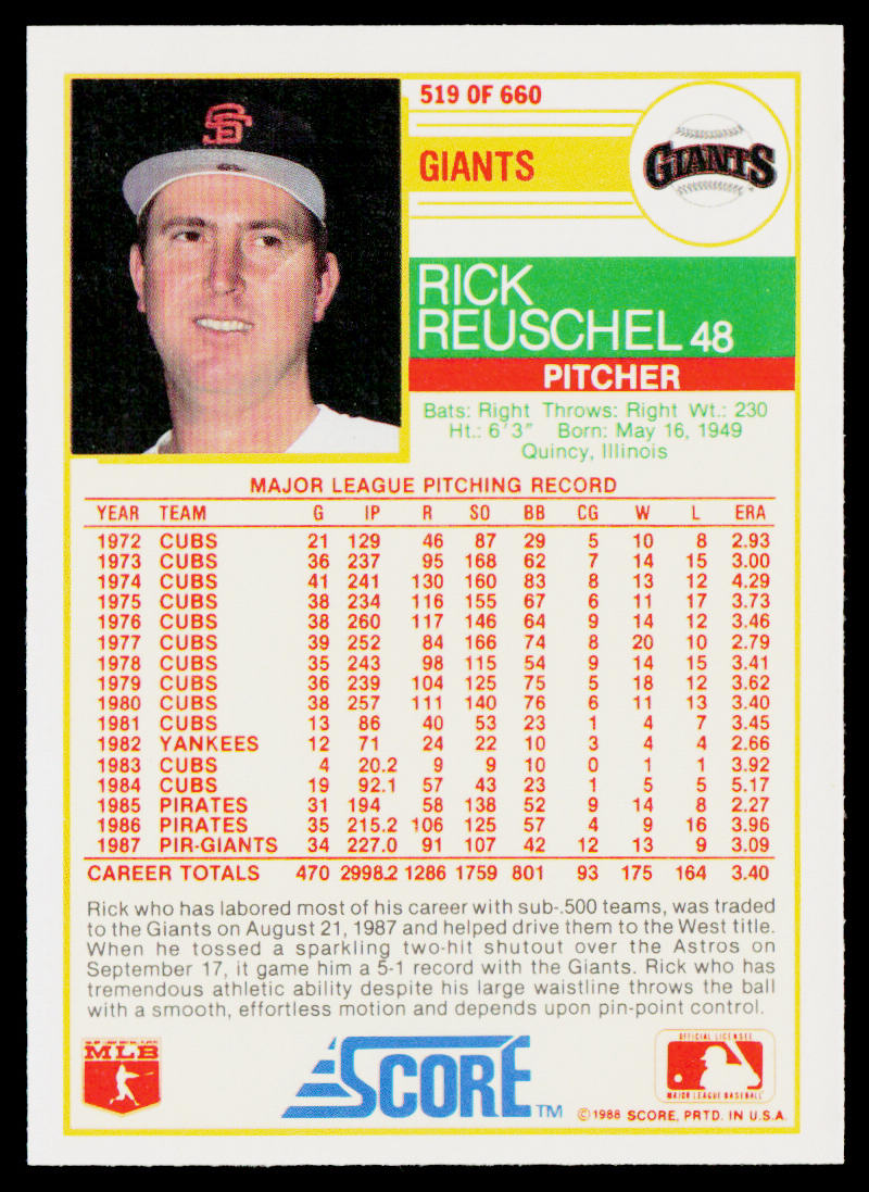 Rick Reuschel 1988 Score #519 San Francisco Giants