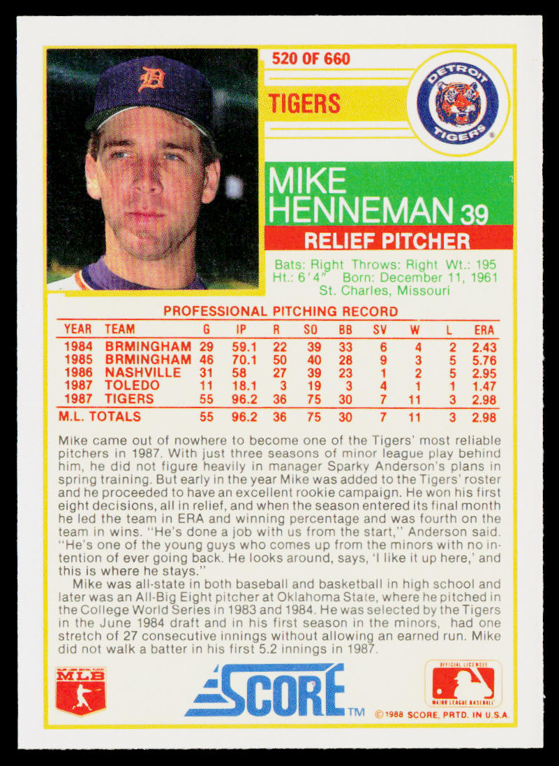 Mike Henneman 1988 Score #520 RC Detroit Tigers
