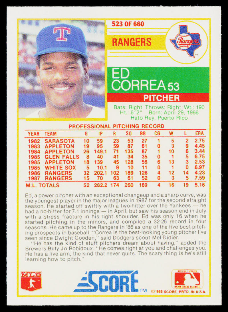 Ed Correa 1988 Score #523 Texas Rangers