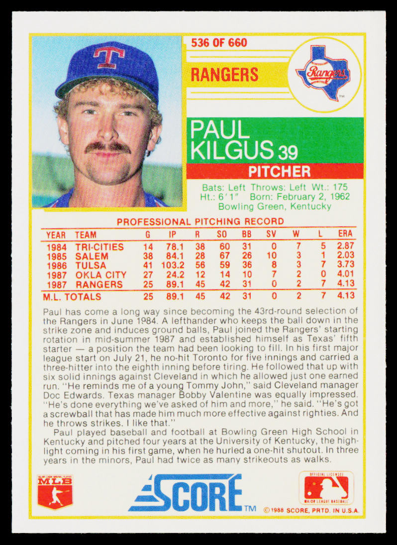 Paul Kilgus 1988 Score #536 RC Texas Rangers