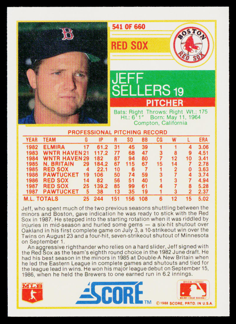 Jeff Sellers 1988 Score #541 Boston Red Sox