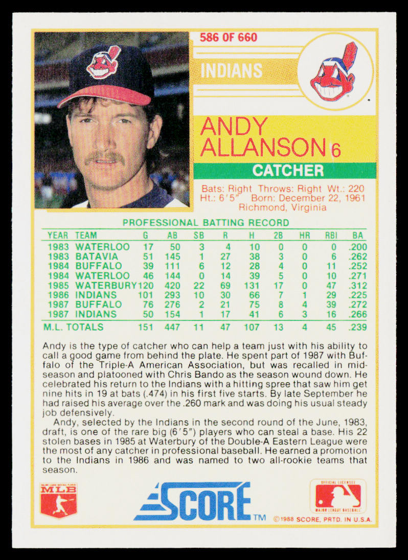 Andy Allanson 1988 Score #586 Cleveland Indians