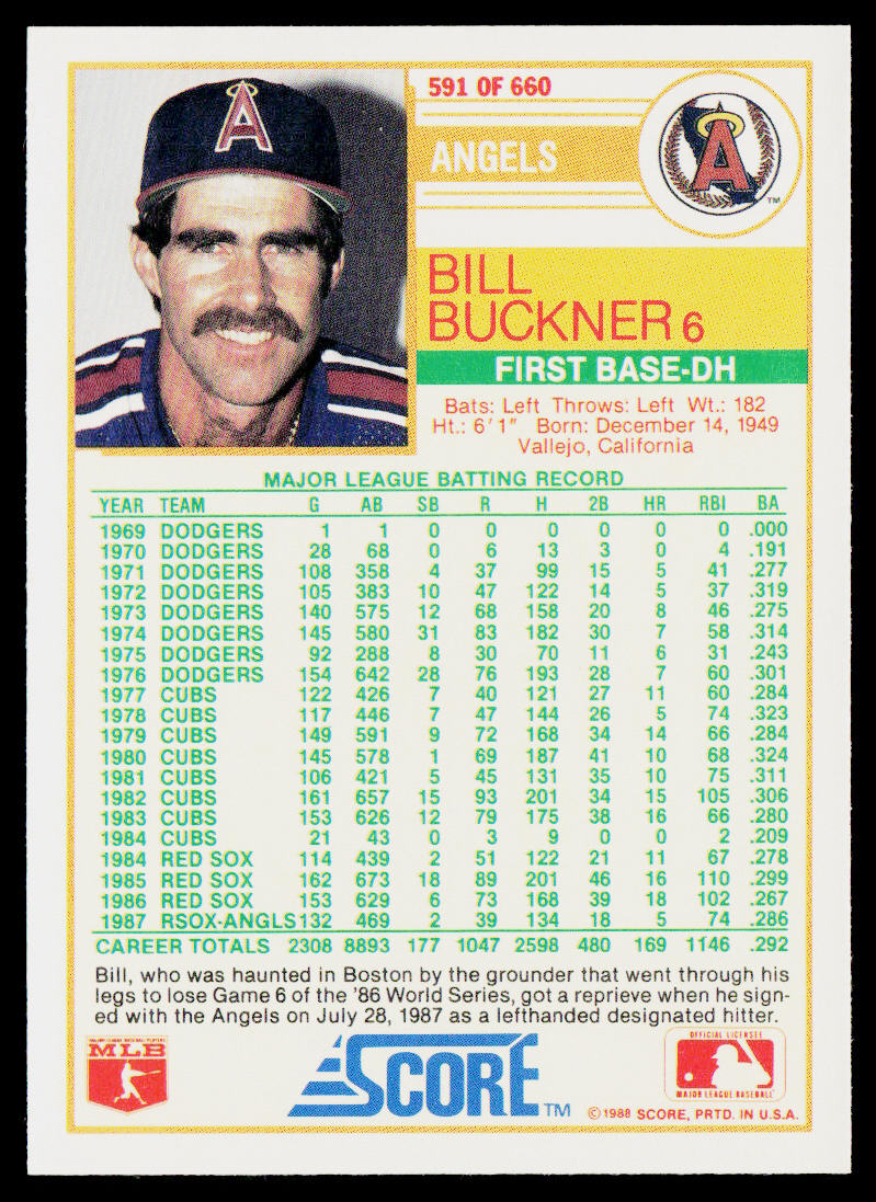 Bill Buckner 1988 Score #591 California Angels
