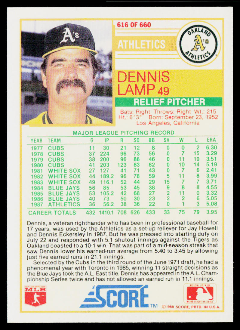 Dennis Lamp 1988 Score #616 Oakland Athletics