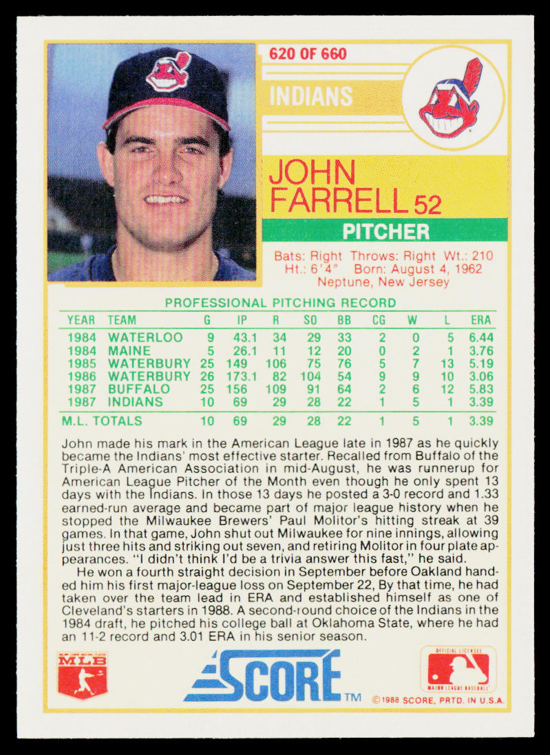 John Farrell 1988 Score #620 RC Cleveland Indians
