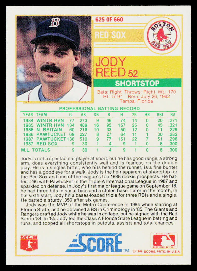 Jody Reed 1988 Score #625 RC Boston Red Sox