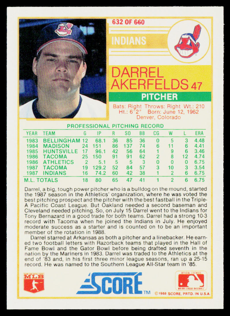 Darrel Akerfelds 1988 Score #632 RC Cleveland Indians
