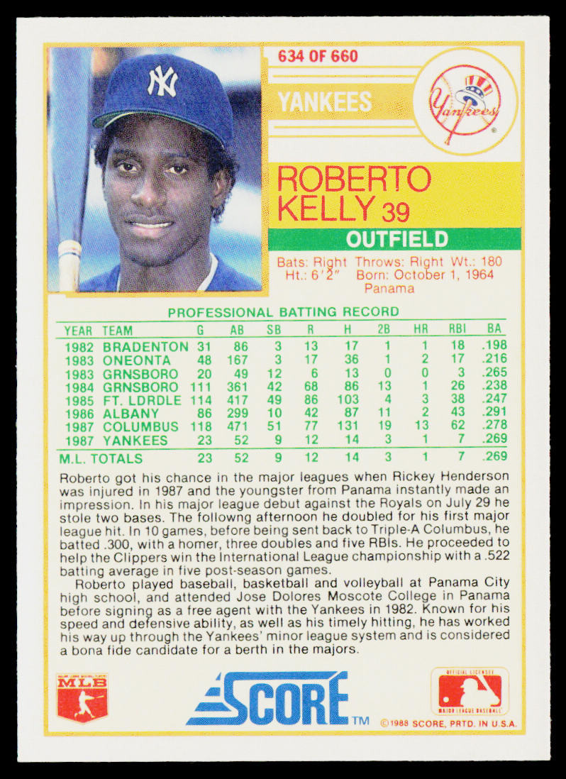 Roberto Kelly 1988 Score Glossy #634 RC New York Yankees