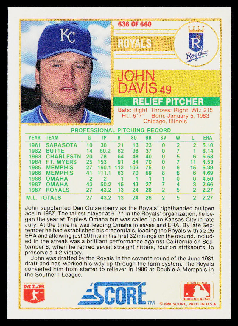 John Davis 1988 Score #636 RC Kansas City Royals