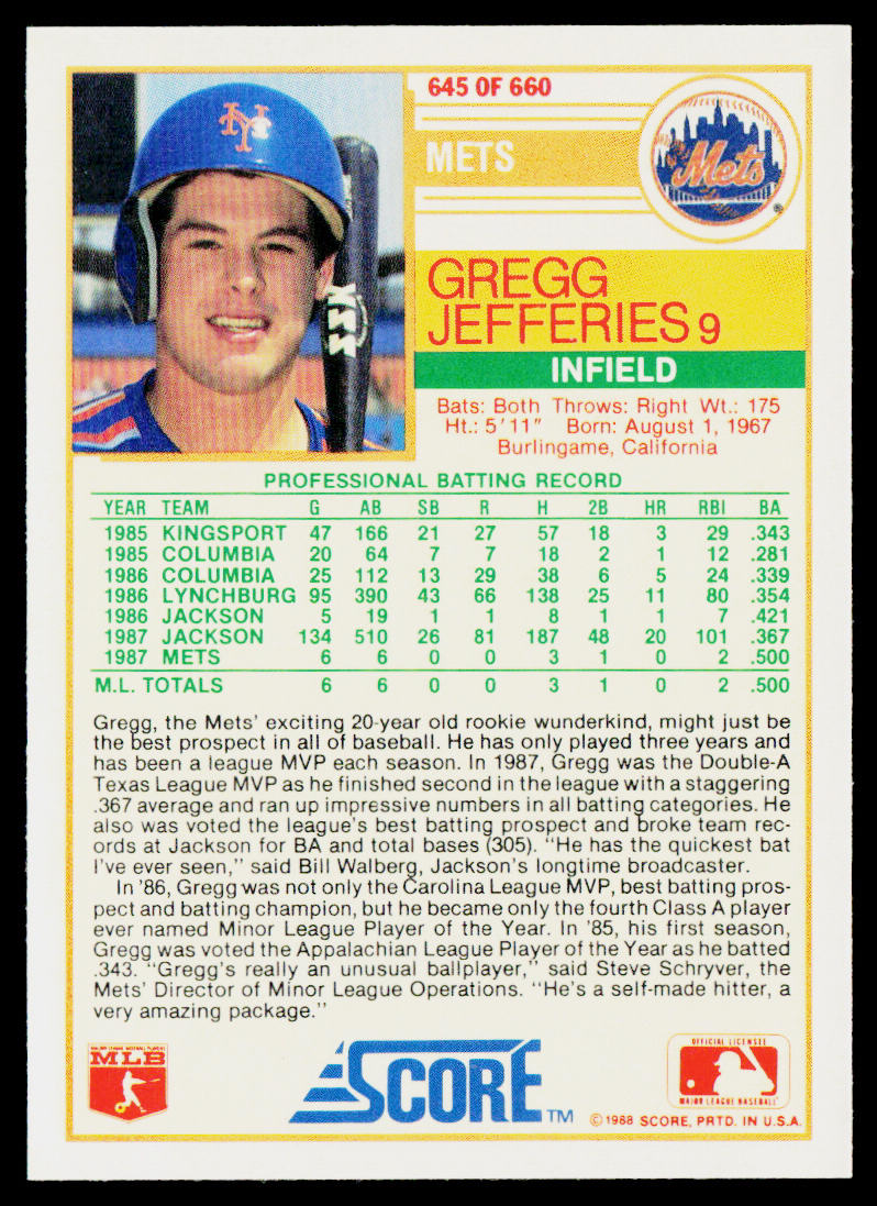 Gregg Jefferies 1988 Score #645 RC New York Mets