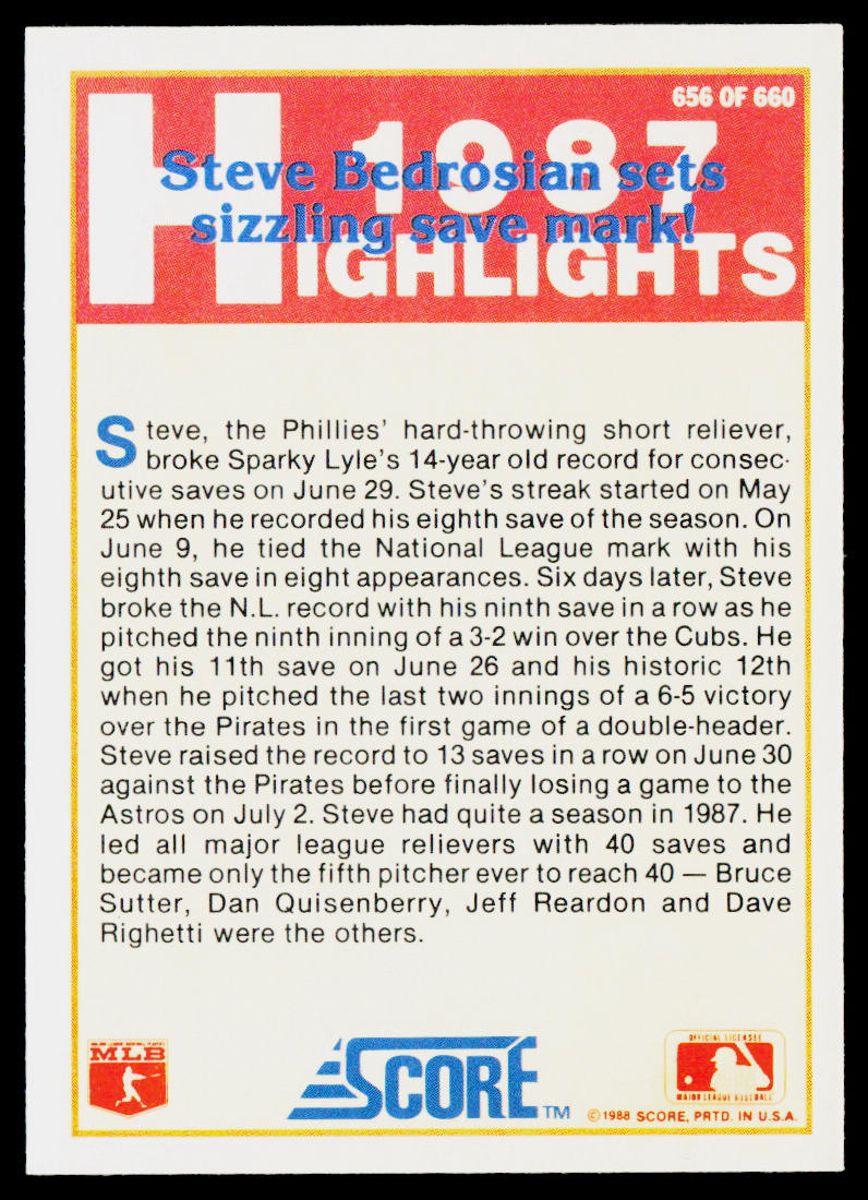 Steve Bedrosian 1988 Score #656 Philadelphia Phillies
