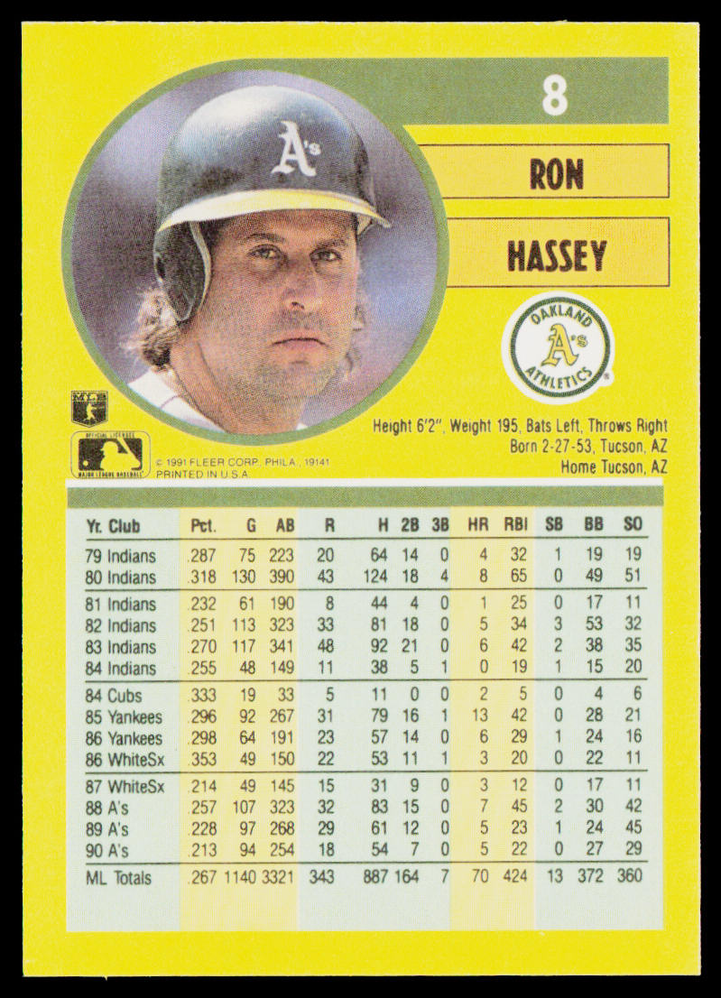 Ron Hassey 1991 Fleer #8b Oakland Athletics