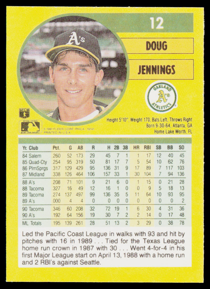 Doug Jennings 1991 Fleer #12b Oakland Athletics