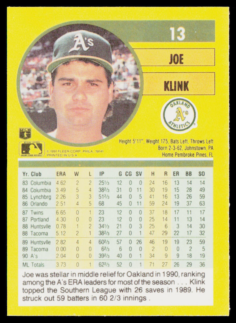 Joe Klink 1991 Fleer #13b Oakland Athletics