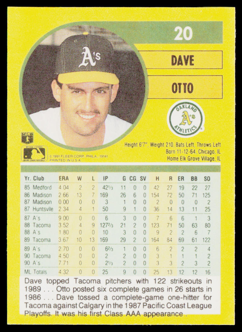 Dave Otto 1991 Fleer #20b Oakland Athletics