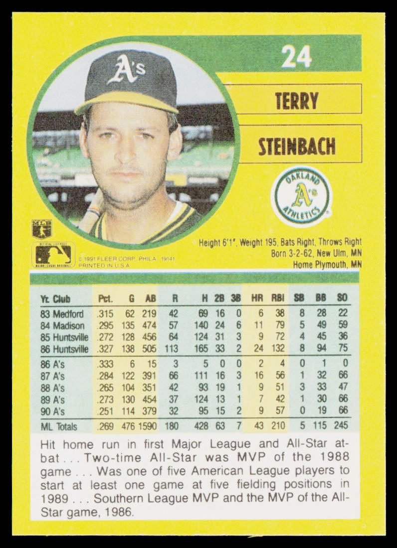Terry Steinbach 1991 Fleer #24b Oakland Athletics