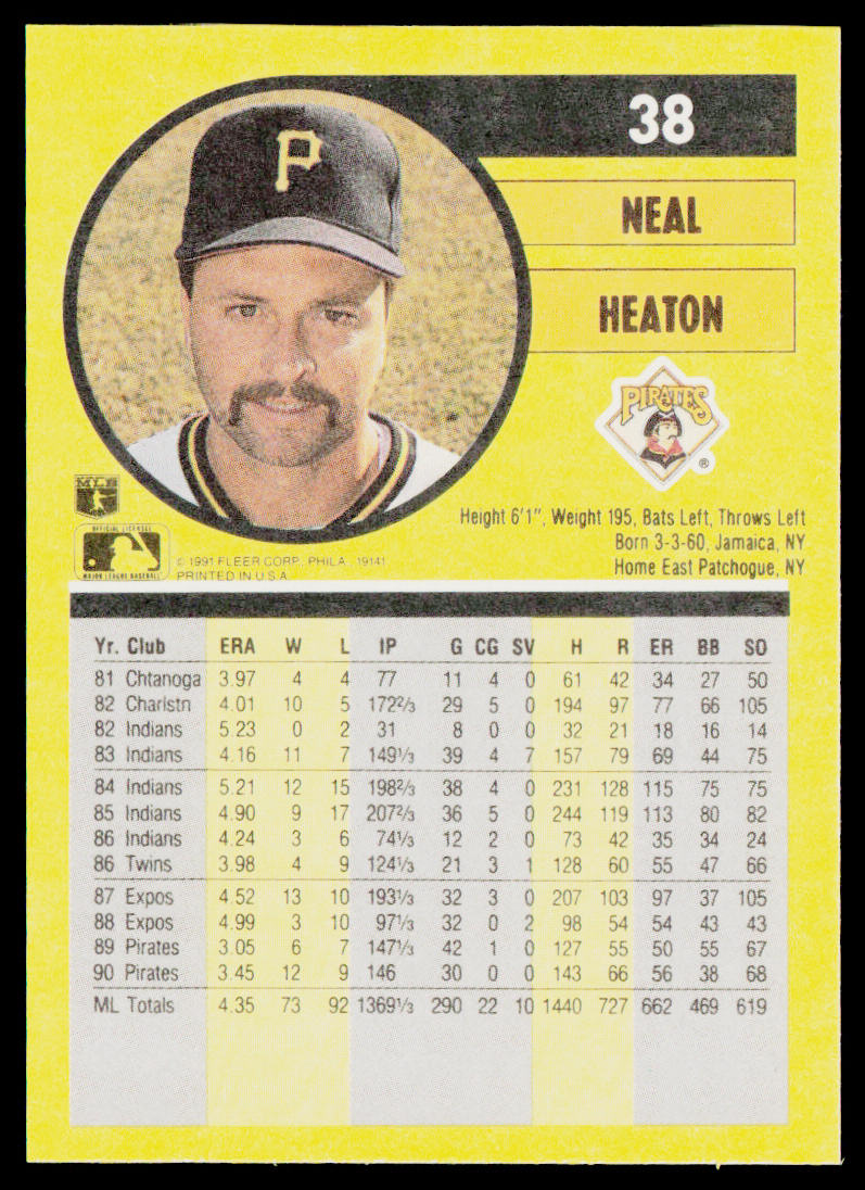 Neal Heaton 1991 Fleer #38a Pittsburgh Pirates