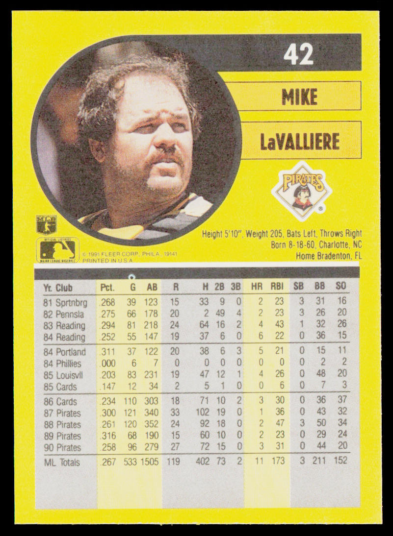 Mike LaValliere 1991 Fleer #42b Pittsburgh Pirates