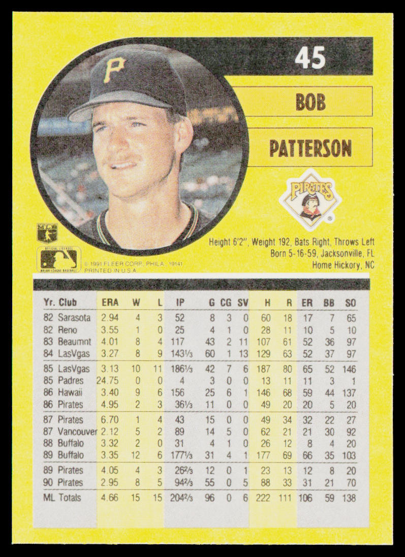 Bob Patterson 1991 Fleer #45b Pittsburgh Pirates