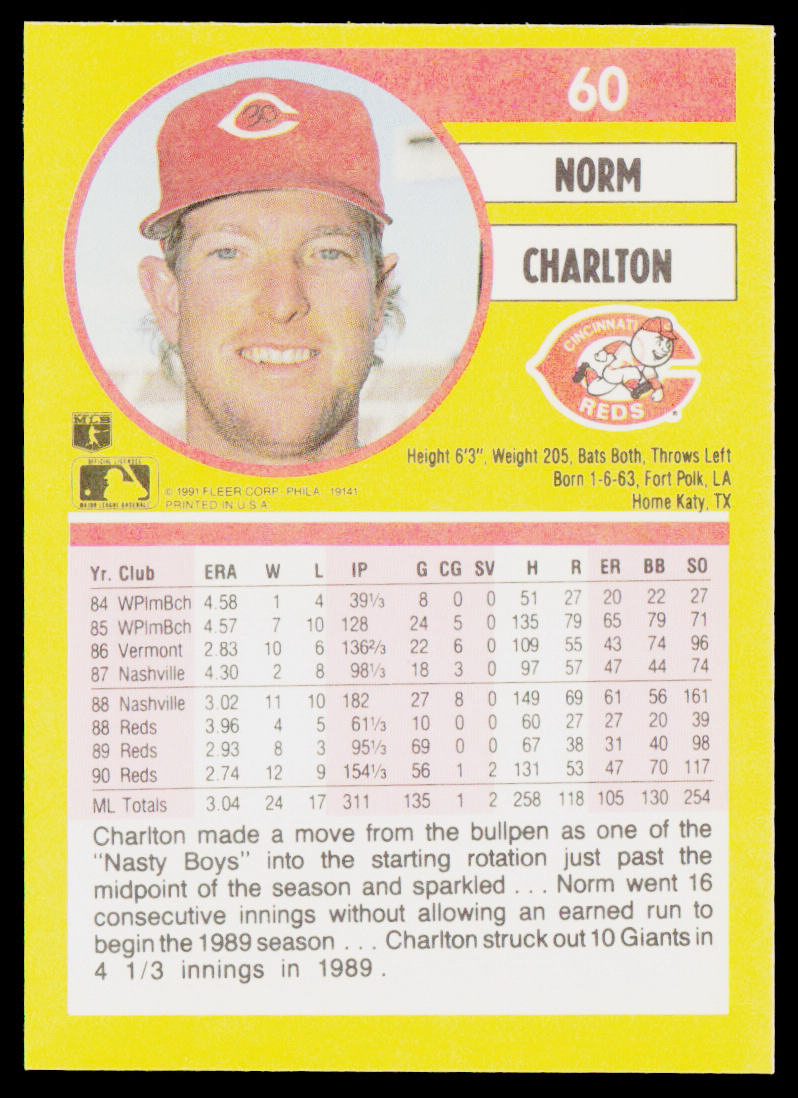 Norm Charlton 1991 Fleer #60 Cincinnati Reds