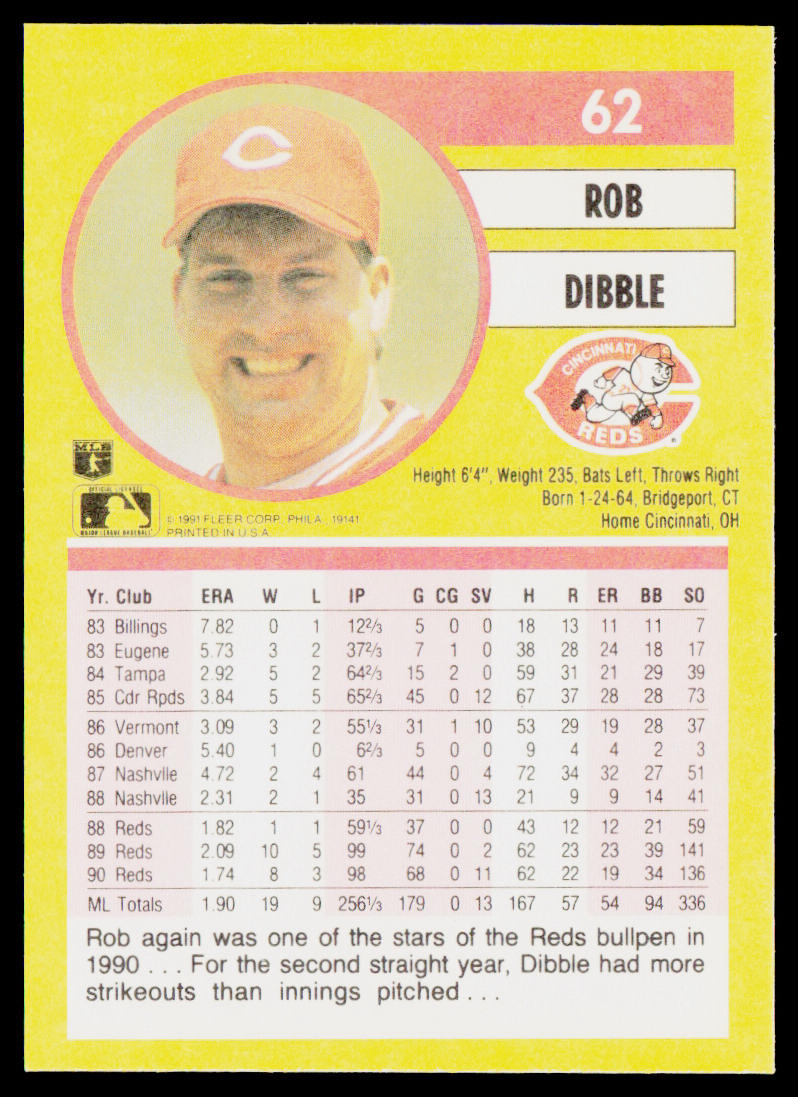 Rob Dibble 1991 Fleer #62a Cincinnati Reds