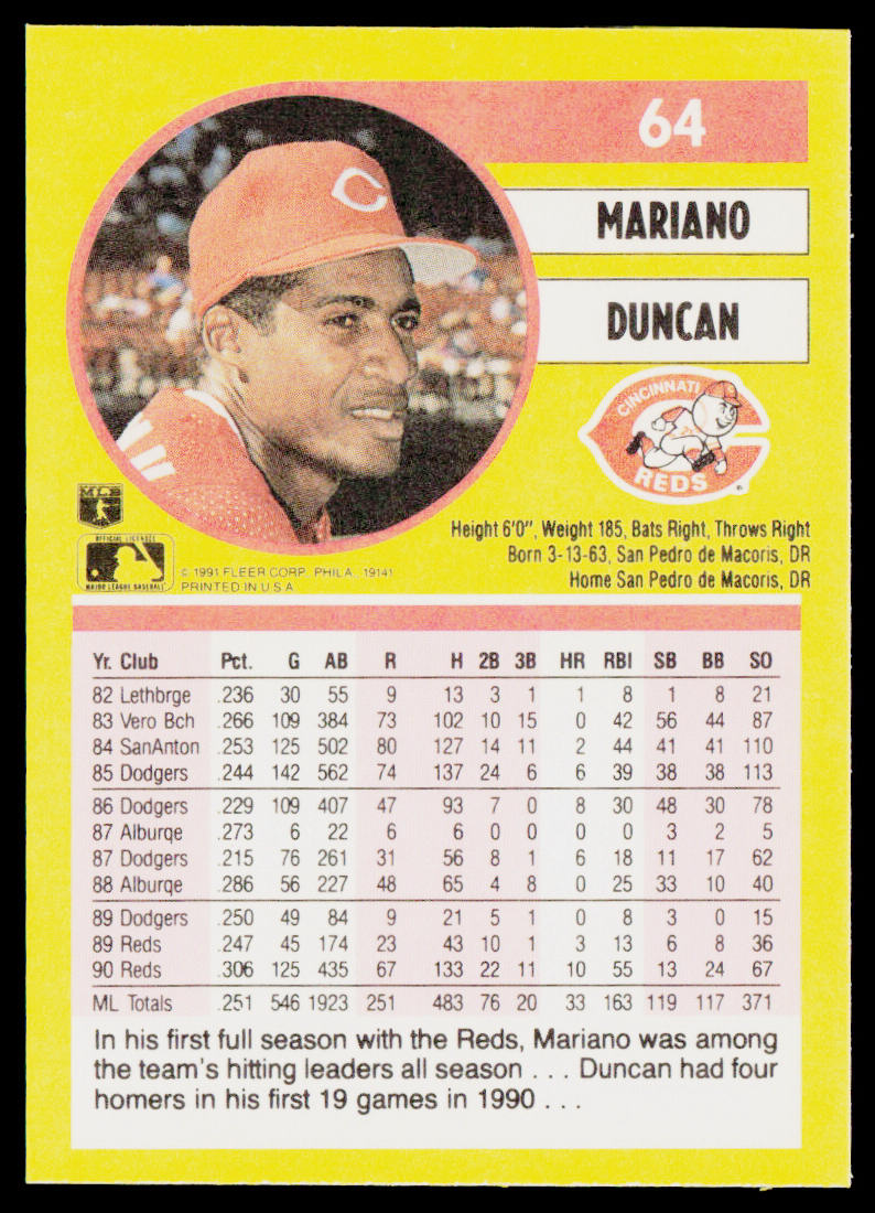 Mariano Duncan 1991 Fleer #64a Cincinnati Reds