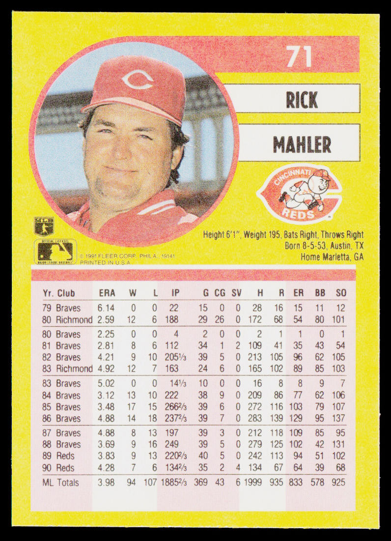 Rick Mahler 1991 Fleer #71b Cincinnati Reds