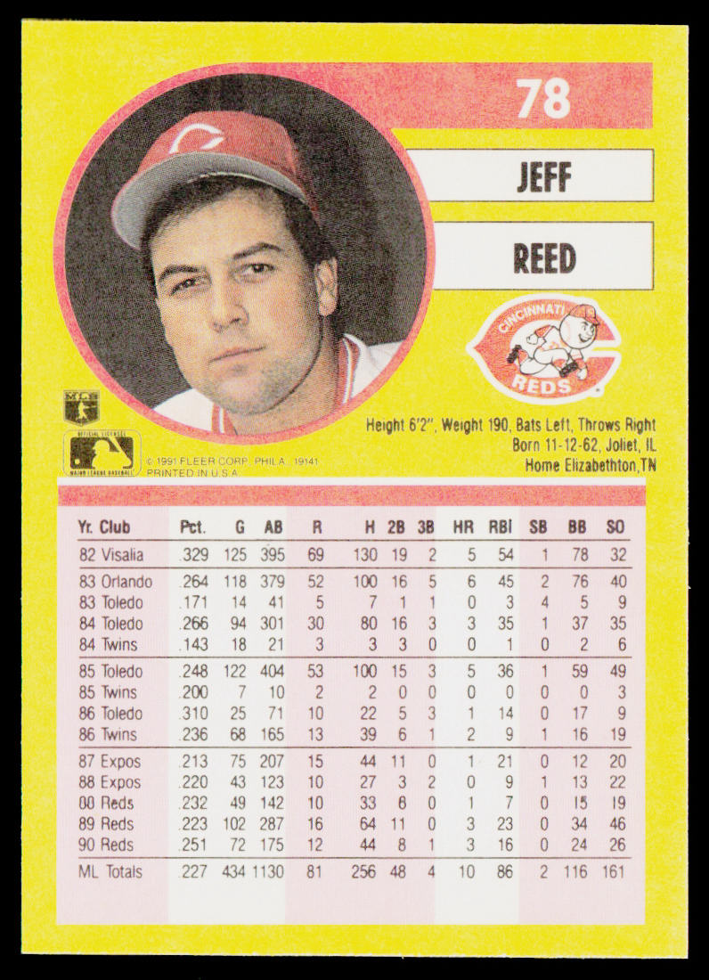 Jeff Reed 1991 Fleer #78a Cincinnati Reds