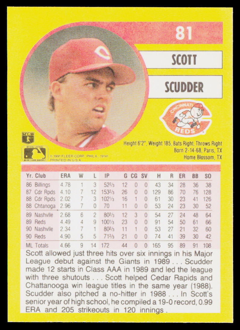 Scott Scudder 1991 Fleer #81b Cincinnati Reds