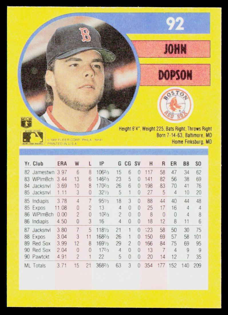 John Dopson 1991 Fleer #92a Boston Red Sox