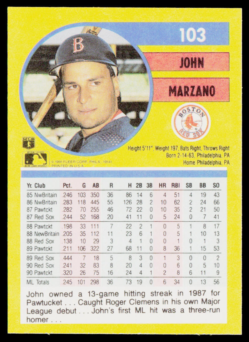 John Marzano 1991 Fleer #103 Boston Red Sox