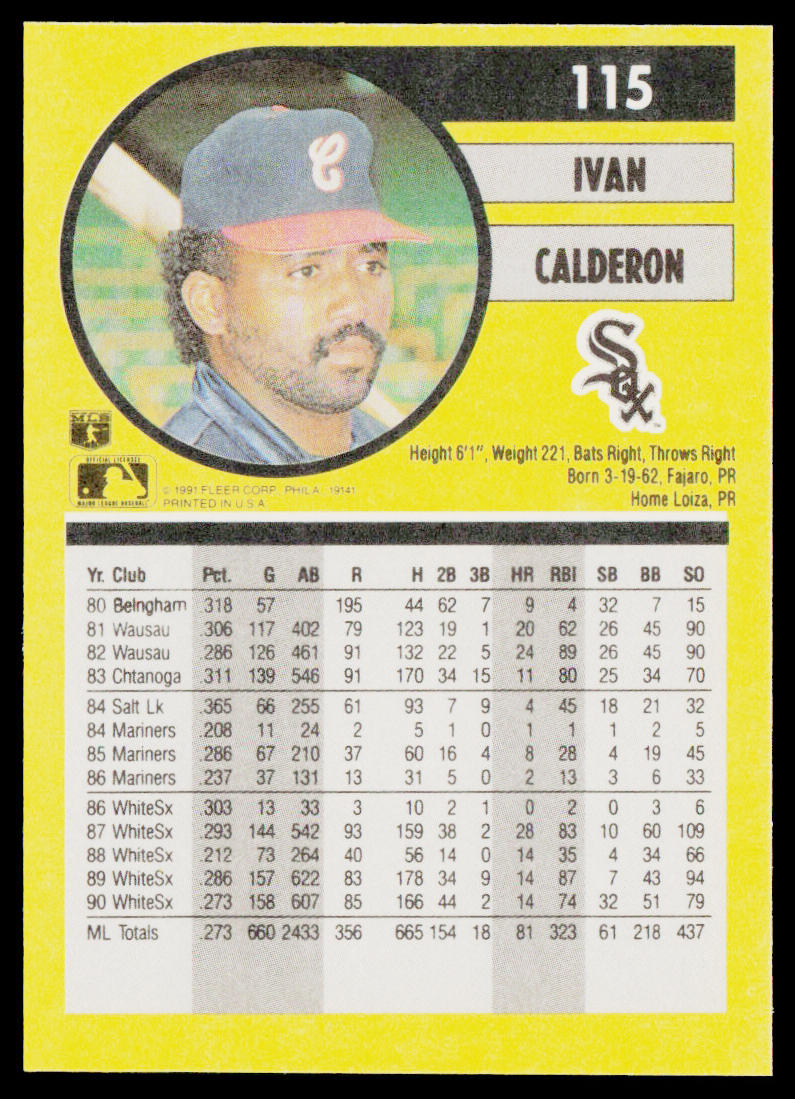 Ivan Calderon 1991 Fleer #115b Chicago White Sox