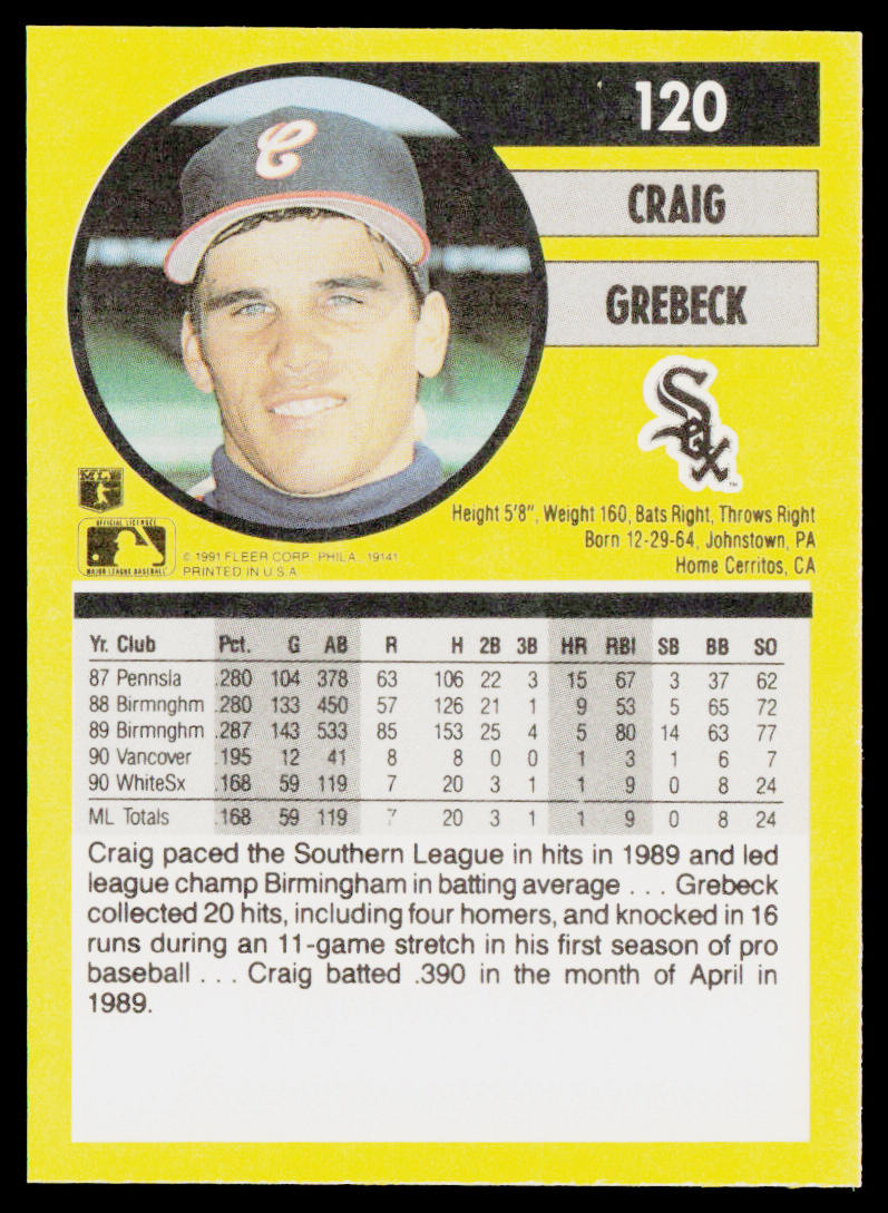 Craig Grebeck 1991 Fleer #120a Chicago White Sox