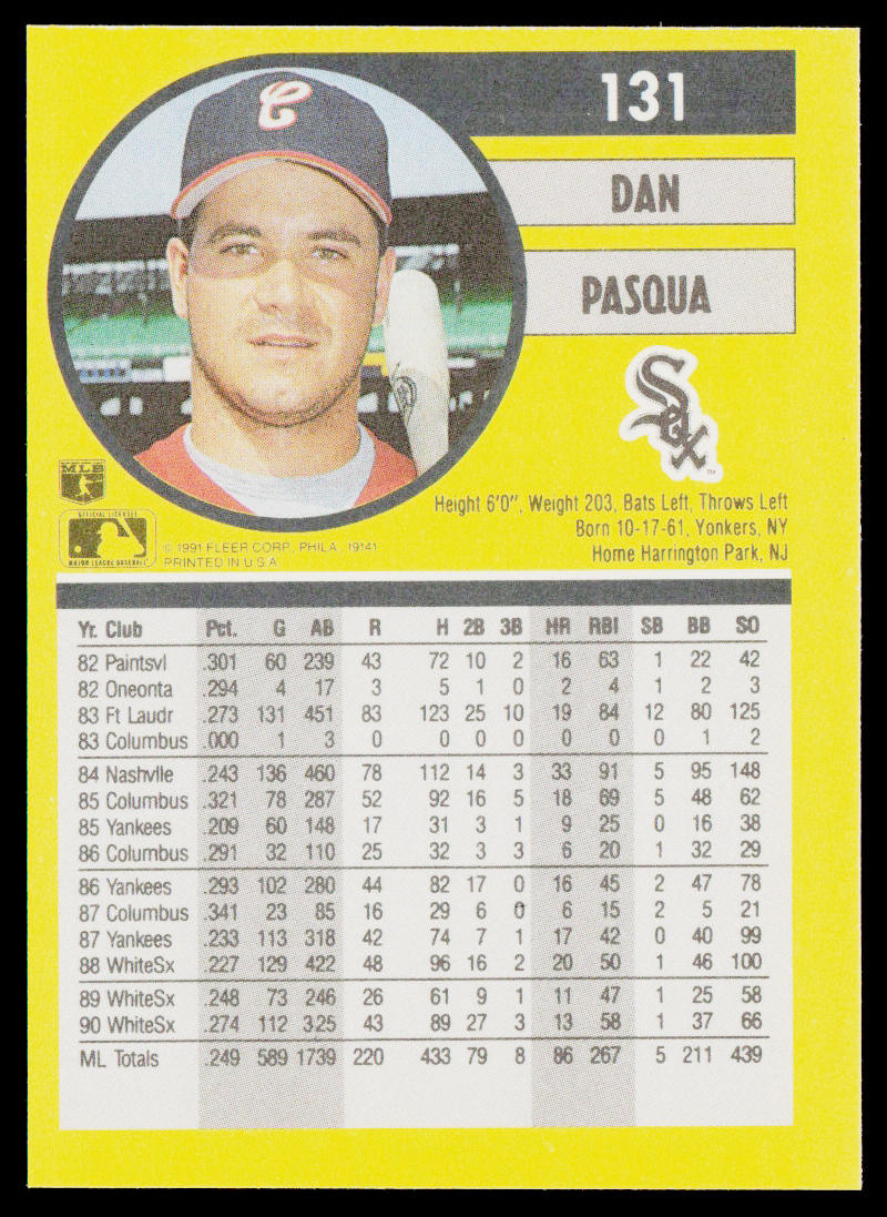 Dan Pasqua 1991 Fleer #131b Chicago White Sox