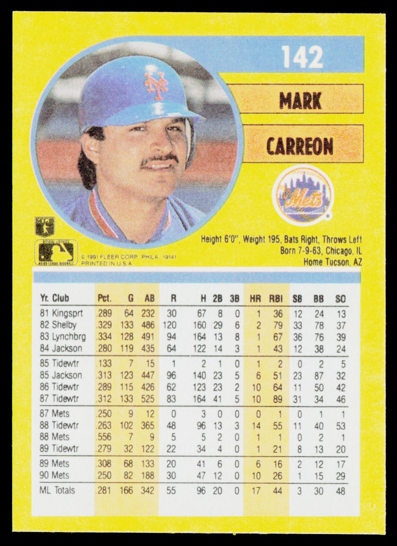Mark Carreon 1991 Fleer #142b New York Mets