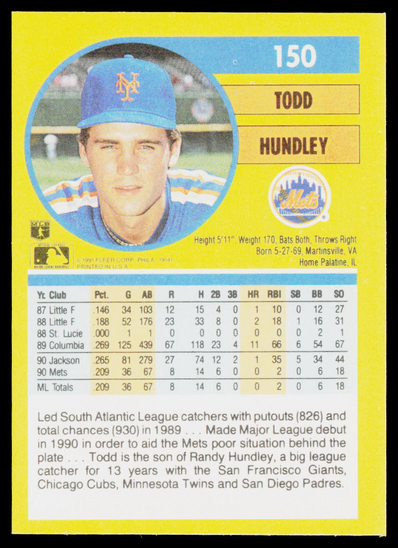 Todd Hundley 1991 Fleer #150b New York Mets