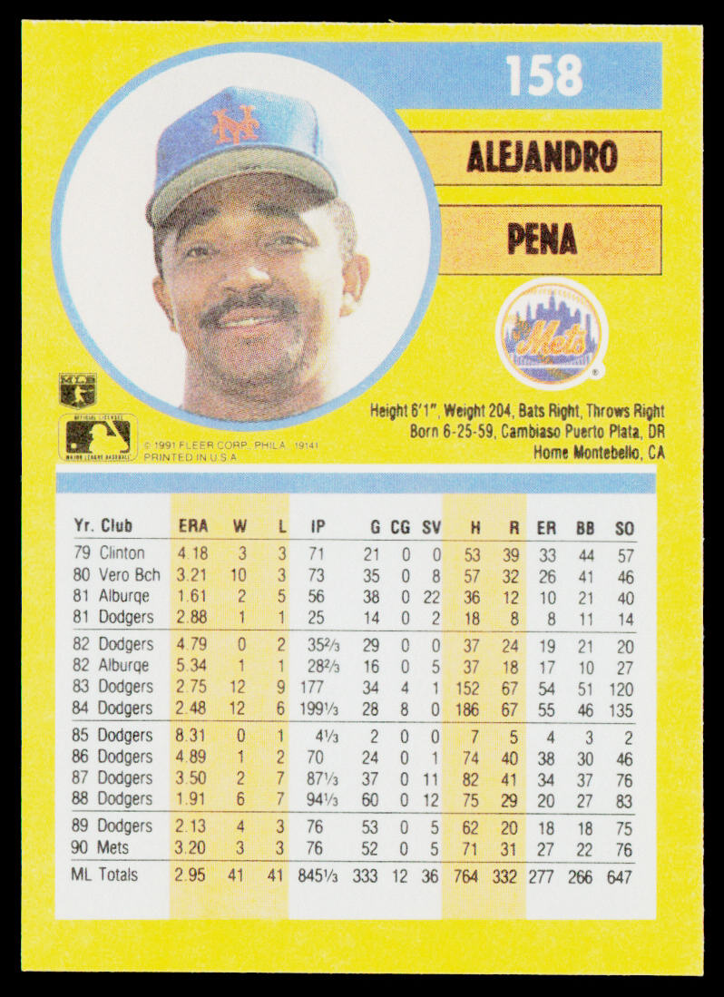 Alejandro Pena 1991 Fleer #158b New York Mets